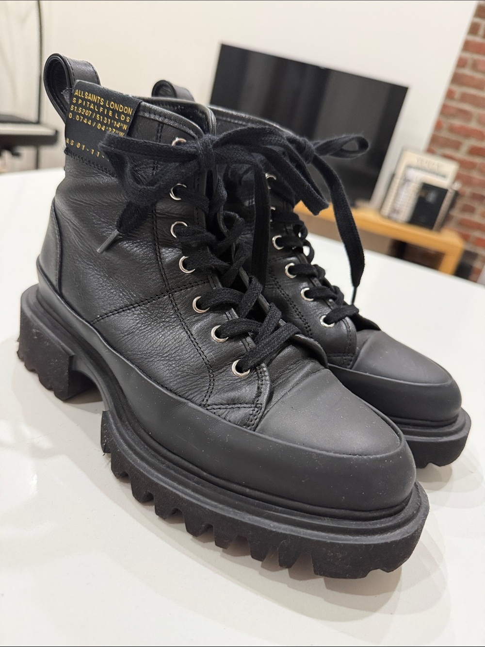 All Saints Logo Patch Black Leather Lug Sole Platform Combat Boots